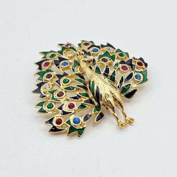 Vintage Gold Tone Peacock Bird Green Blue Pink Jeweled Rhinestone Pin Brooch - Picture 2 of 5